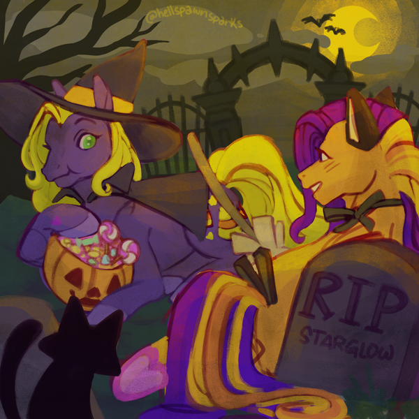 Size: 1280x1280 | Tagged: safe, artist:sparkytopia, derpibooru import, abra-ca-dabra, pumpkin tart, bat, cat, g3, black cat, bow, candy, cape, cat ears, clothes, cloud, colored hooves, crescent moon, duo, duo female, eating, fake ears, female, fence, food, gravestone, graveyard, grin, halloween, hat, holiday, hoof heart, image, implied starglow, jack-o-lantern, lollipop, looking at each other, looking at someone, lying down, moon, neck bow, not daisy jo, png, prone, pumpkin, rest in peace, smiling, spooky, tail, tail bow, tree, underhoof, witch hat