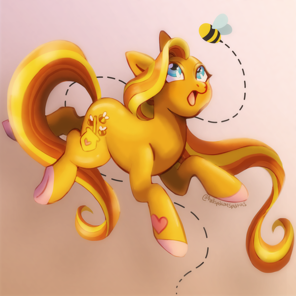 Size: 1280x1280 | Tagged: safe, artist:sparkytopia, derpibooru import, bee, earth pony, insect, pony, g3, :o, bumblesweet (g3), colored hooves, female, flight trail, g3 to g4, g4, generation leap, gradient background, hoof heart, image, looking at something, mare, open mouth, png, simple background, surprised, tan background, underhoof