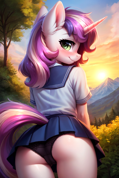 Size: 768x1152 | Tagged: questionable, ai content, derpibooru import, generator:fluffyuniverse, machine learning generated, stable diffusion, sweetie belle, anthro, unicorn, ass, bedroom eyes, black panties, black underwear, blushing, butt, cameltoe, clothes, cloud, detailed background, female, forest, g4, generator:easyfluff v11.2, grass, horn, image, looking at you, looking back, looking back at you, missing cutie mark, mountain, nature, outdoors, panties, png, presenting, prompter:endless--, rear view, sand, scenery, school uniform, schoolgirl, seduction, seductive, seductive look, seductive pose, sexy, shirt, skirt, sky, smiling, smiling at you, solo, solo female, standing, stupid sexy sweetie belle, sultry pose, sweetie butt, tail, tail aside, tree, underwear