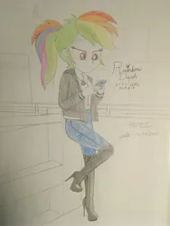 Size: 3024x4032 | Tagged: safe, artist:gibsterboy5, derpibooru import, rainbow dash, human, equestria girls, boots, clothes, denim, female, g4, high heel boots, high heels, hoodie, image, jeans, jewelry, jpeg, leather, leather boots, looking at something, pants, phone, raised leg, shoes, signature, simple background, solo, standing, thigh boots, traditional art
