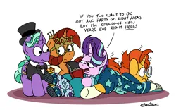 Size: 2700x1688 | Tagged: safe, artist:bobthedalek, derpibooru import, firelight, starlight glimmer, stellar flare, sunburst, pony, unicorn, bathrobe, book, butt pillow, clothes, dress, father and child, father and daughter, female, glasses, hat, image, jewelry, kite, male, messy mane, mother and child, mother and son, new years eve, pajamas, png, robe, slippers, suit, that pony sure does love kites, tiara, top hat