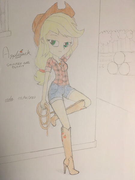 Size: 3024x4032 | Tagged: safe, artist:gibsterboy5, derpibooru import, applejack, human, equestria girls, boots, checkered shirt, clothes, cowboy hat, cutie mark, cutie mark on clothes, denim, denim shorts, female, g4, hat, high heel boots, high heels, image, jewelry, jpeg, lasso, leaning on wall, looking at someone, raised leg, rope, scrunchie, shirt, shoes, shorts, signature, simple background, solo, standing, traditional art