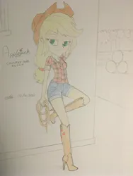 Size: 3024x4032 | Tagged: safe, artist:gibsterboy5, derpibooru import, applejack, human, equestria girls, boots, checkered shirt, clothes, cowboy hat, cutie mark, cutie mark on clothes, denim, denim shorts, female, g4, hat, high heel boots, high heels, image, jewelry, jpeg, lasso, leaning on wall, looking at someone, raised leg, rope, scrunchie, shirt, shoes, shorts, signature, simple background, solo, standing, traditional art