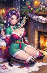 Size: 1536x2407 | Tagged: suggestive, ai content, derpibooru import, machine learning generated, starlight glimmer, human, boots, christmas, christmas tree, clothes, costume, fire, fireplace, g4, generator:seaart.ai, holiday, humanized, image, png, present, prompter:neondash, santa costume, shoes, snow, snowfall, streetlight, tree