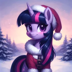 Size: 2048x2048 | Tagged: safe, ai content, derpibooru import, machine learning generated, prompter:krivovyaz, twilight sparkle, pony, unicorn, blushing, christmas, clothes, costume, generator:bing image creator, hat, holiday, image, looking at you, png, santa costume, santa hat, smiling, solo, winter