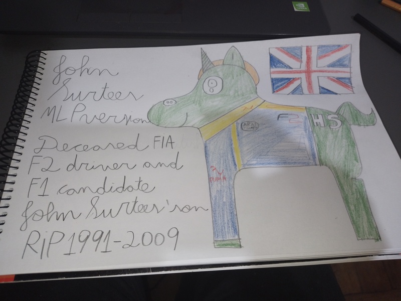 Size: 4000x3000 | Tagged: safe, artist:super-coyote1804, derpibooru import, pony, clothes, flag, formula 2, great britain, henry surtees, image, john surtees, jpeg, photo, solo, traditional art, united kingdom, writing