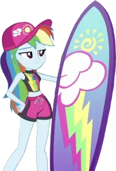 Size: 1716x2520 | Tagged: safe, derpibooru import, edit, edited screencap, editor:homersimpson1983, screencap, rainbow dash, human, equestria girls, background removed, bikini, cap, clothes, female, geode of super speed, hat, image, magical geodes, not a vector, png, simple background, solo, surfboard, swimsuit, transparent background