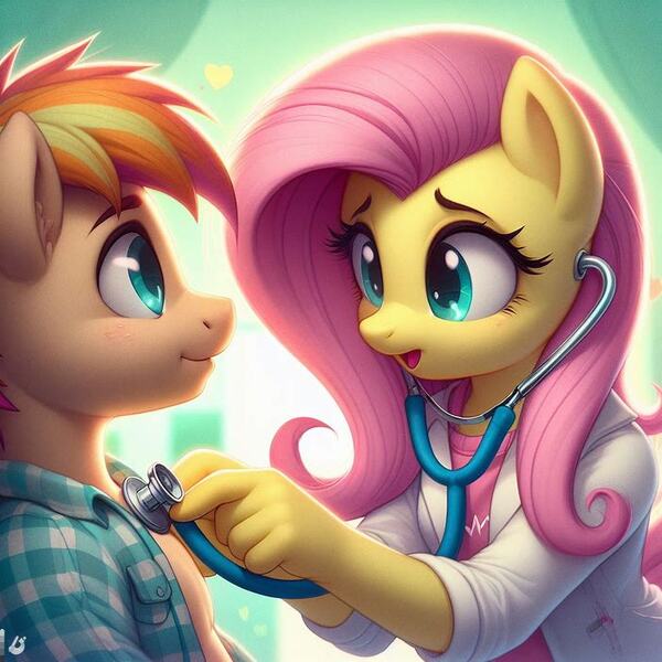 Size: 702x702 | Tagged: safe, ai content, derpibooru import, machine learning generated, fluttershy, anthro, pony, cute, doctor, duo, examination, image, jpeg, male, stallion, stethoscope