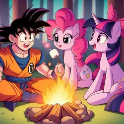 Size: 1024x1024 | Tagged: safe, ai content, artist:meshari7, derpibooru import, machine learning generated, pinkie pie, twilight sparkle, earth pony, human, pony, unicorn, bow, campfire, camping, dragon ball, female, food, hair bow, image, jpeg, male, marshmallow, prompter:meshari7, son goku, unicorn twilight