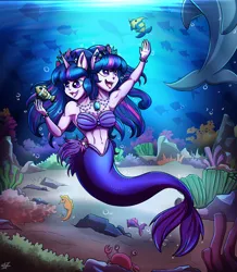 Size: 2748x3148 | Tagged: safe, artist:littletigressda, derpibooru import, twilight sparkle, twilight sparkle (alicorn), alicorn, crab, dolphin, fish, mermaid, seahorse, equestria girls, bra, bubble, clothes, coral, fish tail, flowing mane, flowing tail, happy, image, lipstick, mermaidized, multiple heads, ocean, png, seashell bra, species swap, sunlight, swimming, tail, two heads, two heads are better than one, two heads are sexier than one, underwater, underwear, water