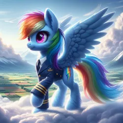 Size: 1024x1024 | Tagged: safe, ai content, machine learning generated, ponerpics import, ponybooru import, rainbow dash, pegasus, pony, alternate cutie mark, bing, clothes, cloud, female, fluffy, image, jpeg, mare, scenery, solo, spread wings, standing on a cloud, uniform, walking on clouds, wings