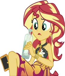 Size: 2158x2520 | Tagged: safe, derpibooru import, edit, edited screencap, editor:homersimpson1983, screencap, sunset shimmer, human, background removed, bikini, bottle, clothes, female, g4, geode of empathy, image, magical geodes, message, mobile phone, not a vector, phone, png, simple background, smartphone, solo, swimsuit, transparent background