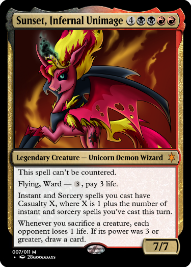 Size: 375x523 | Tagged: safe, artist:28gooddays, derpibooru import, edit, sunset shimmer, ponified, pony, ccg, female, g4, image, magic the gathering, png, solo, sunset satan, trading card, trading card edit, trading card game
