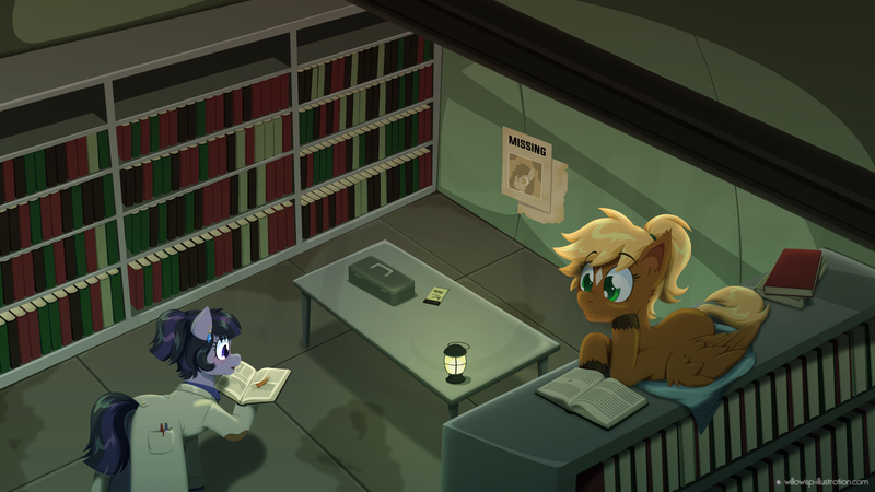 Size: 1920x1080 | Tagged: safe, artist:willoillo, derpibooru import, oc, oc:threnody, earth pony, pegasus, fallout equestria, fallout equestria: speak, book, bookstore, fanfic art, friendship city, image, png