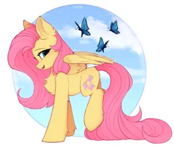 Size: 3703x3131 | Tagged: safe, artist:leraponyartist, artist:lerkfruitbat, derpibooru import, fluttershy, butterfly, insect, pegasus, pony, chest fluff, cute, ear fluff, eyebrows, female, g4, high res, image, leg fluff, looking at you, mare, open mouth, open smile, partially open wings, png, profile, raised leg, shyabetes, signature, smiling, smiling at you, solo, wings