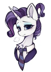 Size: 1046x1468 | Tagged: safe, artist:leraponyartist, artist:lerkfruitbat, derpibooru import, rarity, pony, unicorn, blushing, bust, chest fluff, clothes, ear fluff, eyebrows, eyeshadow, female, g4, horn, image, looking at you, makeup, mare, necktie, png, signature, simple background, smiling, smiling at you, solo, suit, white background