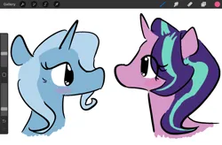 Size: 2048x1344 | Tagged: safe, artist:captainzigo, derpibooru import, starlight glimmer, trixie, pony, unicorn, blushing, bust, duo, female, g4, heart, image, jpeg, lesbian, looking at each other, looking at someone, shipping, simple background, startrix, white background