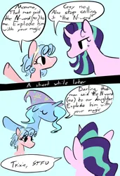 Size: 1397x2048 | Tagged: safe, artist:captainzigo, derpibooru import, cozy glow, starlight glimmer, trixie, pegasus, pony, unicorn, eyes closed, female, freckles, g4, image, jpeg, lesbian, looking at each other, looking at someone, shipping, startrix, sweat, sweatdrop, text