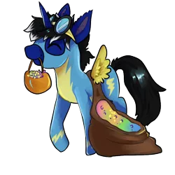 Size: 800x800 | Tagged: safe, artist:lovelock, derpibooru import, oc, oc:night reader, bat pony, unicorn, candy, clothes, commission, costume, cute, food, goggles, halloween, halloween costume, happy, holiday, image, png, smiling, uniform, wonderbolts uniform, ych result