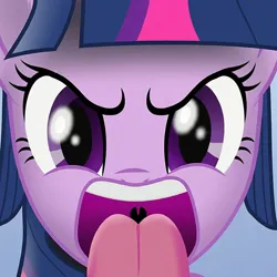 Size: 894x894 | Tagged: safe, ai content, derpibooru import, machine learning generated, prompter:duhdoores, twilight sparkle, angry, g4, image, jpeg, licking, mawshot, offscreen character, open mouth, pov, tongue out, uvula