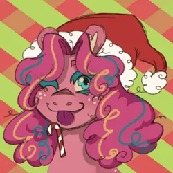 Size: 560x560 | Tagged: safe, artist:super-lemon-sama, derpibooru import, pinkie pie, earth pony, pony, bust, candy, candy cane, christmas, female, food, freckles, g4, hat, holiday, image, looking at you, mare, one eye closed, png, santa hat, smiling, smiling at you, solo, striped background
