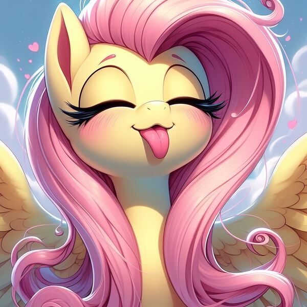 Size: 1024x1024 | Tagged: prompter needed, safe, ai content, derpibooru import, machine learning generated, fluttershy, pegasus, pony, :p, blushing, cute, eyes closed, female, g4, generator:bing image creator, generator:dall-e 3, image, jpeg, mare, shyabetes, solo, spread wings, tongue out, wings