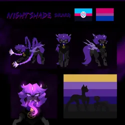 Size: 5000x5000 | Tagged: safe, artist:minty--fresh, derpibooru import, changeling, bisexual pride flag, changeling princess, choker, flower, image, long tongue, palette, pentagram, piercing, png, polyamory pride flag, pride, pride flag, purple changeling, reference sheet, short hair, size comparison, tongue out, vine