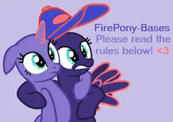 Size: 545x383 | Tagged: safe, artist:firepony-bases, derpibooru import, oc, unofficial characters only, pegasus, pony, unicorn, bald, base, baseball cap, cap, duo, duo female, female, frown, gritted teeth, hat, horn, image, mare, png, purple background, simple background, spread wings, teeth, text, wings