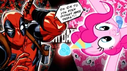 Size: 1280x720 | Tagged: safe, artist:rayluishdx2, derpibooru import, pinkie pie, human, pony, breaking the fourth wall, deadpool, death battle, dialogue, exploitable meme, female, fourth wall, hat, image, male, marvel, marvel comics, meme, party hat, png, superhero, vs