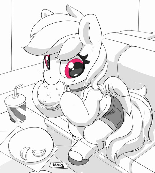 Size: 2542x2845 | Tagged: safe, artist:pabbley, derpibooru import, rainbow dash, pegasus, pony, burger, choker, clothes, cute, dashabetes, eating, female, food, grayscale, high angle, high res, hoof hold, image, jpeg, mare, monochrome, partial color, shorts, sitting, solo
