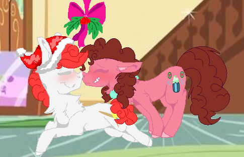 Size: 485x312 | Tagged: safe, artist:galaxyswirlsyt, derpibooru import, oc, oc:bubble air, oc:surprise, unofficial characters only, earth pony, pony, base used, boop, duo, eyes closed, female, holly, holly mistaken for mistletoe, image, male, mare, noseboop, offspring, offspring shipping, parent:cheese sandwich, parent:fire streak, parent:pinkie pie, parent:sunset shimmer, parents:cheesepie, parents:sunsetstreak, png, shipping, stallion, straight, sugarcube corner