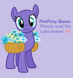 Size: 529x562 | Tagged: safe, artist:firepony-bases, derpibooru import, oc, unofficial characters only, earth pony, pony, bald, base, basket, closed mouth, female, flower, image, looking at you, mare, png, purple background, resource, simple background, smiling, solo, standing, text