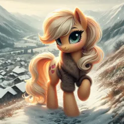 Size: 1024x1024 | Tagged: safe, ai content, machine learning generated, ponerpics import, ponybooru import, applejack, earth pony, pony, bing, clothes, female, fur coat, image, jpeg, looking at you, mare, missing accessory, missing limb, scenery, snow, winter