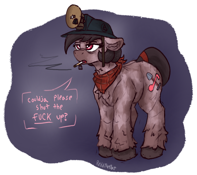 Size: 1579x1407 | Tagged: safe, artist:reddthebat, derpibooru import, oc, oc:number nine, earth pony, pony, bandana, chest fluff, cigarette, dialogue, ear fluff, female, floppy ears, headlamp, helmet, image, lidded eyes, mare, mining helmet, png, simple background, smoking, solo, transparent background, unshorn fetlocks, vulgar