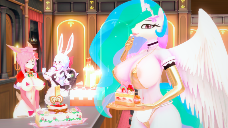 Size: 1600x900 | Tagged: questionable, artist:mistpony, derpibooru import, princess celestia, oc, alicorn, anthro, bear, deerling, panda, rabbit, 3d, animal, areola, areola slip, big breasts, bikini, breasts, busty princess celestia, cake, clothes, dress, erect nipples, female, food, frilly underwear, furry, furry oc, gold, golden bikini, huge breasts, image, impossibly large breasts, koikatsu, looking at you, maid, micro bikini, nipple outline, nudity, panties, partial nudity, png, pokémon, siblings, sun&moon cafe, swimsuit, tongue out, underwear