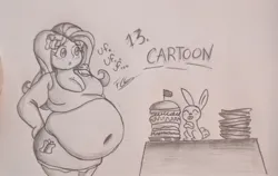 Size: 1840x1164 | Tagged: safe, artist:levick-ri, derpibooru import, angel bunny, fluttershy, human, rabbit, equestria girls, animal, bbw, belly, belly button, big belly, breasts, breathing, burger, busty fluttershy, cleavage, fat, fattershy, female, food, huge belly, image, jpeg, male, monochrome, obese, traditional art, weight gain