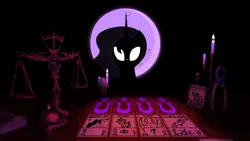 Size: 1414x798 | Tagged: safe, artist:truthormare, ponerpics import, lyra heartstrings, pinkie pie, princess luna, rainbow dash, ponified, alicorn, ant, insect, pony, bell, book, bottle, candle, candlelight, card, card game, crossover, female, glowing eyes, horse skull, image, implied tentacle porn, inscryption, lewd container meme, looking at you, mare, moon, numget, pinkamena diane pie, pliers, png, scale, simple background, skull, solo, tentacles, video game, video game crossover, weighing scale