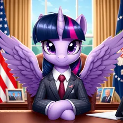 Size: 1024x1024 | Tagged: prompter needed, safe, ai content, derpibooru import, machine learning generated, twilight sparkle, twilight sparkle (alicorn), alicorn, pony, american flag, chair, clothes, desk, female, flag, formal wear, g4, generator:dall-e 3, image, jpeg, looking at you, mare, necktie, oval office, paper, photo, president, smiling, smiling at you, solo, spread wings, suit, united states, window, wings
