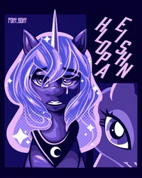 Size: 2400x3000 | Tagged: safe, artist:poxy_boxy, derpibooru import, princess luna, alicorn, pony, bust, crying, female, image, jpeg, looking at you, mare, monochrome, purplescale, solo, text