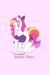 Size: 1365x2048 | Tagged: safe, artist:mscolorsplash, derpibooru import, sunny daze (g3), anthro, earth pony, pony, g3, big breasts, bow, bra, breasts, cleavage, clothes, diary, female, hair bow, image, mare, panties, pen, png, reading, solo, sunny daze (g3) busty, underwear
