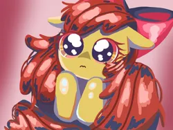 Size: 512x384 | Tagged: safe, artist:sugar-sweets, derpibooru import, apple bloom, earth pony, pony, 3:, adorabloom, cute, female, filly, foal, gradient background, image, jpeg, puppy dog eyes, solo