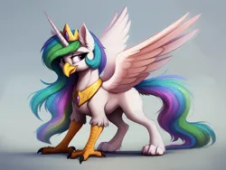 Size: 1920x1440 | Tagged: safe, ai content, derpibooru import, machine learning generated, princess celestia, gryphon, crown, female, generator:easyfluff v11.2, horn, image, jewelry, jpeg, looking at you, missing cutie mark, no cutie marks because im lazy, peytral, prompter:siber, regalia, simple background, solo, species swap, spread wings, standing, wings