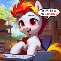 Size: 1024x1024 | Tagged: safe, ai content, derpibooru import, edit, machine learning generated, stable diffusion, oc, oc:fiery lightning, pony, advertisement, commission info, computer, generator:easyfluff v11.2, happy, image, png, solo, speech bubble