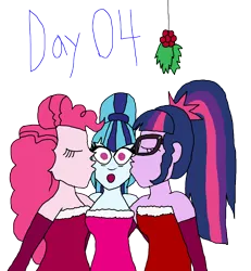 Size: 3500x3781 | Tagged: safe, artist:ktd1993, derpibooru import, pinkie pie, sci-twi, sonata dusk, twilight sparkle, equestria girls, christmas, female, holiday, holly, holly mistaken for mistletoe, image, kiss on the cheek, kiss sandwich, kissing, lesbian, png, simple background, transparent background, trio