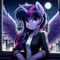 Size: 1024x1024 | Tagged: safe, ai content, derpibooru import, machine learning generated, twilight sparkle, twilight sparkle (alicorn), alicorn, anthro, bracelet, city, cityscape, clothes, female, image, jacket, jewelry, jpeg, shirt, solo