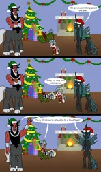 Size: 1920x3240 | Tagged: semi-grimdark, artist:platinumdrop, derpibooru import, cozy glow, derpy hooves, lord tirek, queen chrysalis, centaur, changeling, changeling queen, pegasus, pony, taur, 3 panel comic, abuse, antagonist, black eye, bleeding, blood, bondage, boop, bound, bound wings, bruised, candle, christmas, christmas stocking, christmas sweater, christmas tree, clothes, comic, commission, crying, derpybuse, dialogue, fangs, fear, female, filly, fire, fireplace, foal, folded wings, food, g4, gag, gift wrapped, golly, happy, hat, hearth's warming, helpless, holiday, hooves, image, indoors, living room, looking at you, lying down, male, mare, muffin, nosebleed, open mouth, ornaments, pet, png, present, prone, rearing, restrained, rope, sad, santa hat, scared, self-boop, smiling, smiling at you, smug, speech, speech bubble, spread wings, standing, stepped on, sweater, talking, tied up, tree, under the tree, victorious villain, villainous, wall of tags, wings, wrapping paper
