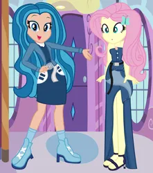 Size: 2500x2822 | Tagged: safe, artist:amante56, artist:skyfallfrost, artist:user15432, derpibooru import, fluttershy, human, equestria girls, bare shoulders, base used, belt, blue dress, boots, carousel boutique, clothes, crossover, dress, equestria girls style, equestria girls-ified, geode of fauna, hand on hip, high heel boots, high heels, image, jacket, jewelry, magical geodes, necklace, open mouth, open smile, png, rainbow high, sandals, shoes, skyler bradshaw, socks, strapless