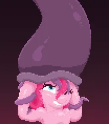Size: 416x472 | Tagged: suggestive, artist:parallel black, derpibooru import, pinkie pie, oc, oc:purple vine, digital art, female, fetish, gradient background, image, imminent vore, muscles, muscular female, offscreen character, pixel art, png, shiny, struggling, tail, tail maw, tail vore, tendrils, vore