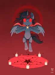 Size: 1170x1595 | Tagged: safe, artist:roccelladraws, ponerpics import, ponybooru import, oc, oc:se solar eclipse, unofficial characters only, pegasus, candle, cape, clothes, cult, cult of the lamb, floating, fully red eyes, image, jpeg, pegasus oc, wings