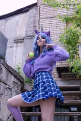 Size: 2871x4306 | Tagged: safe, artist:hysteriana, derpibooru import, izzy moonbow, human, g5, ball, blue hair, brony, choker, clothes, cosplay, costume, female, festival, image, irl, irl human, izzy's tennis ball, jpeg, legs, nature, outdoors, photo, schoolgirl, skirt, socks, solo, stockings, sweater, tennis ball, thigh highs